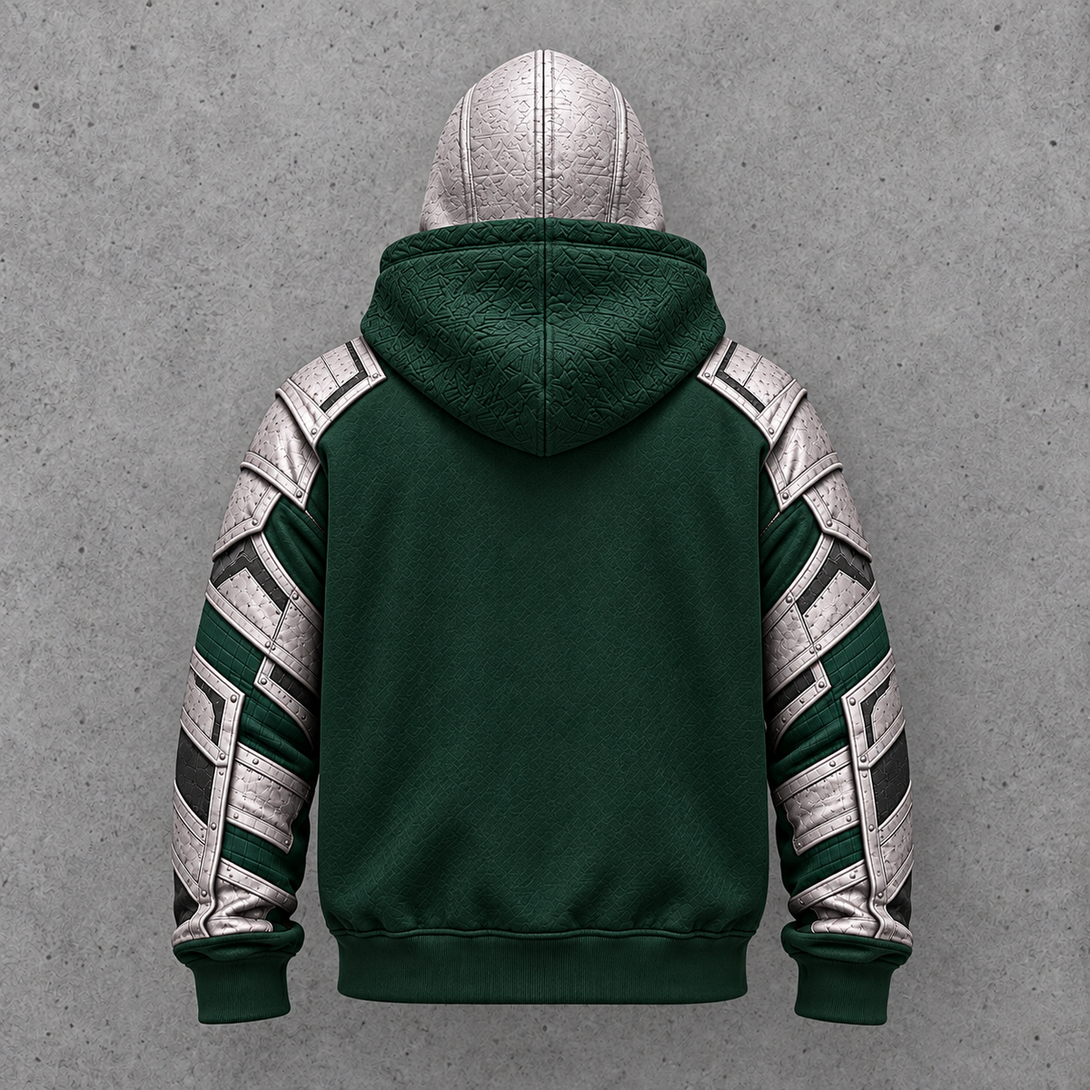 Doomsday armored balaclava zip hoodie, Emerald colorway, back view