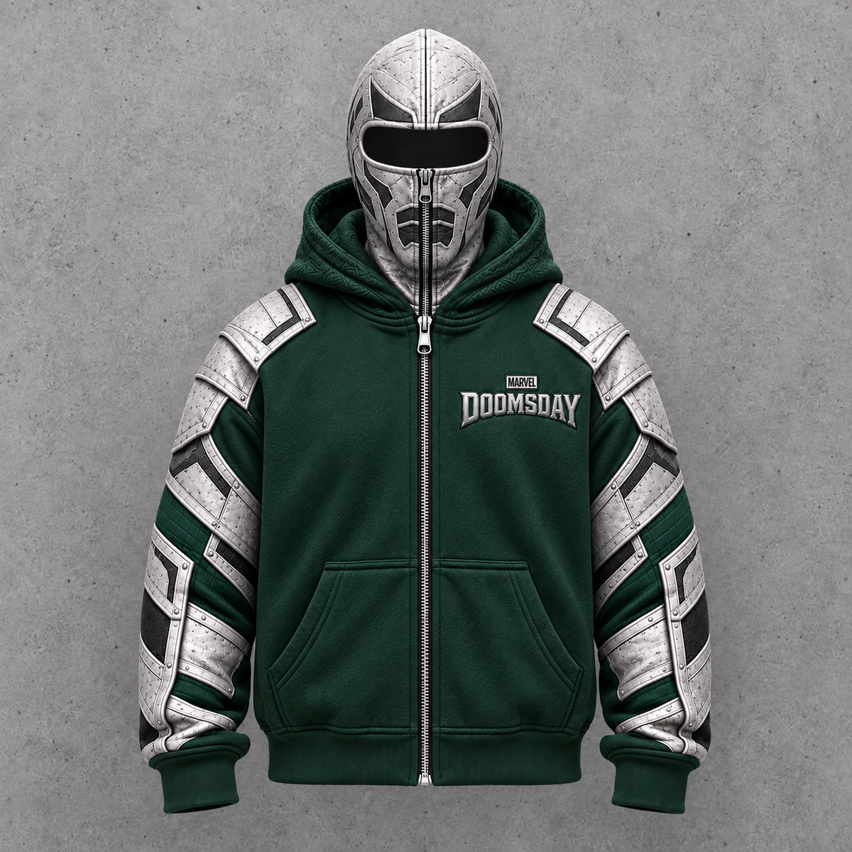 Doomsday armored balaclava zip hoodie, Emerald colorway, front view