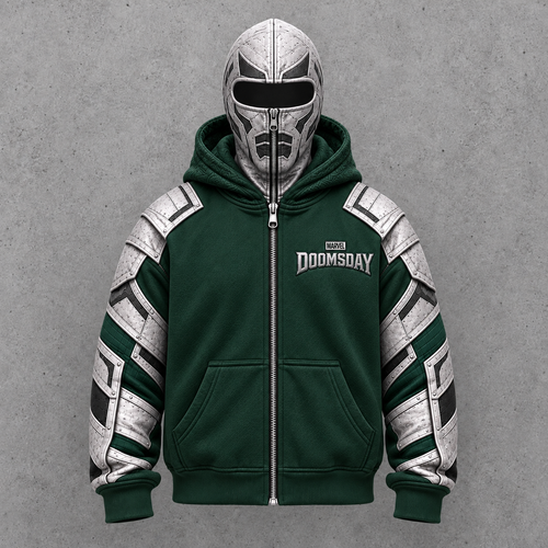 Doomsday armored balaclava zip hoodie, Emerald colorway, front view