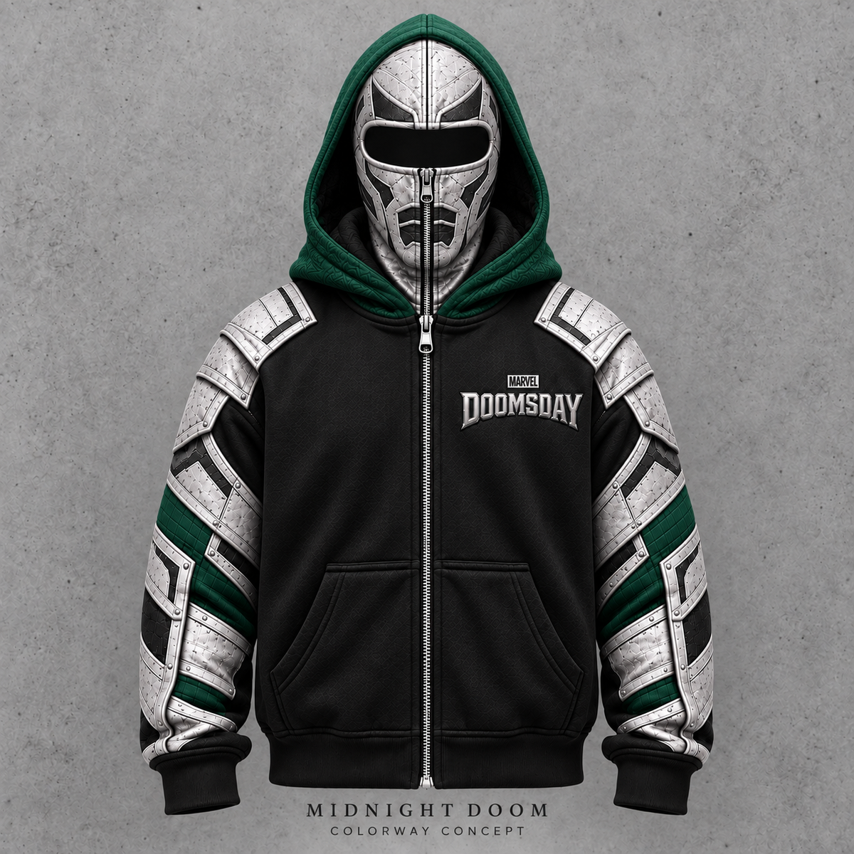 Doomsday armored balaclava zip hoodie, Midnight colorway, front view